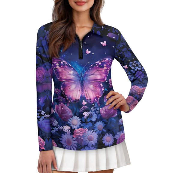 Jiueut Galaxy Butterfly with Florals Half Zip Polo for Women Breathable Pullover Zip Up Lightweight Tennis Shirts Quick Dry T Shirts for Exercise, Size Medium