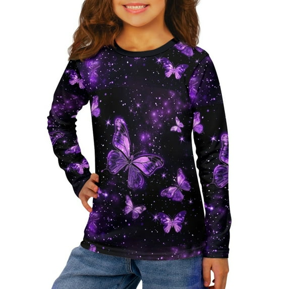 Jiueut Galaxy Butterfly Girls Crewneck Sweatshirt 11-12 Years Kids Long Sleeve Shirts Purple Tshirts Teens Autumn Preppy Sportswear Running Clothing Tops Athletic Tees