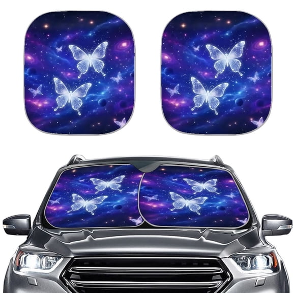 Jiueut Galaxy Butterfly Print 2pcs Foldable Windshield Sun Shade Universal Fit Sun Heat and UV Rays Blocker Car Sunshades for Most Cars SUV RV Van