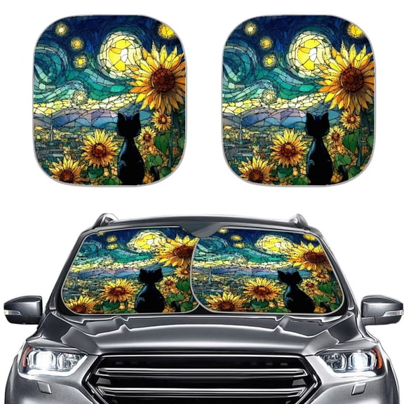 Jiueut Galaxy Sunflower Cat Glasses Print Car Windshield Sun Shade 2 Pcs Sunshade Patriotic Easy to Install Foldable Automotive Interior Accessories for Sun Protection Sunshade Visor