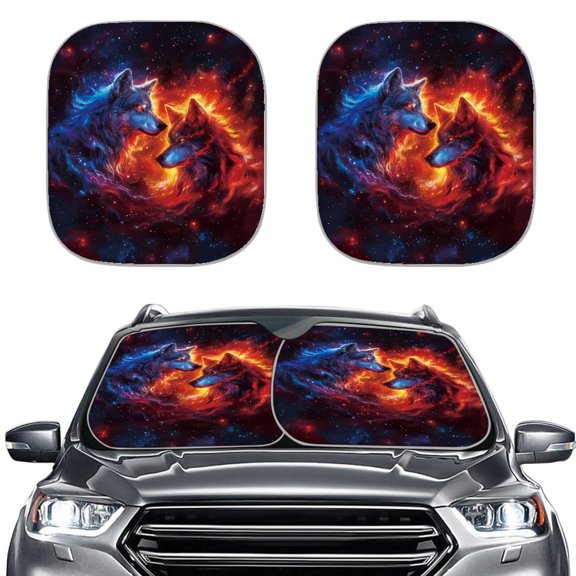 Jiueut Galaxy Wolf Fire Flame Print 2pcs Foldable Windshield Sun Shade Universal Fit Sun Heat and UV Rays Blocker Car Sunshades for Most Cars SUV RV Van