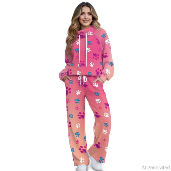 Jiueut Glittery Paw Print Pattern Stretch Lounge Sets for Women 2 Piece Outfits, Polyester Spandex Fabric Elastic Cuff Women's Loungewear Set for Outdoor City Walking, Size X-Small