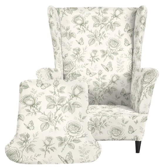 Jiueut Green Butterfly Rose Flower Print Wingback Chair Covers 2 Pieces Stretch Spandex Slipcovers for Wing Chair Non-Slip Soft Armchair Cover Washable Furniture Protector with Elastic Bottom