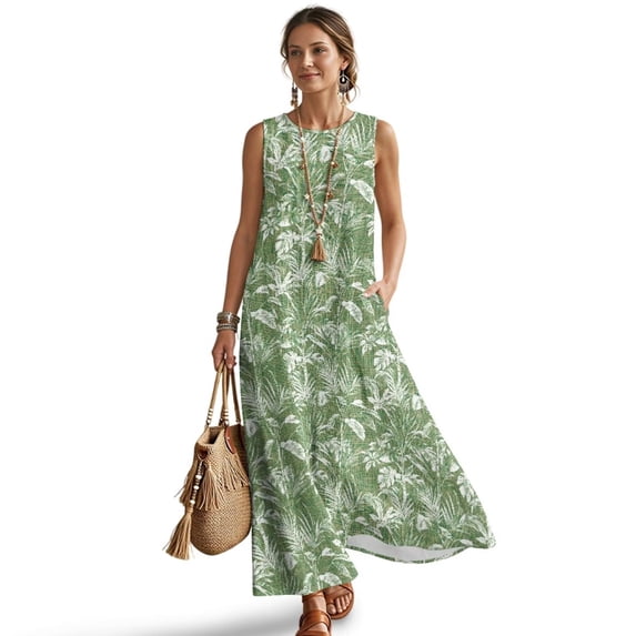 Jiueut Green Palm Leaf Print Sleeveless Maxi Dress for Women, Linen Look Summer Dresses, Loose Flowy Casual Long Dress with Pockets, Lightweight Beach Vacation Outfit, S