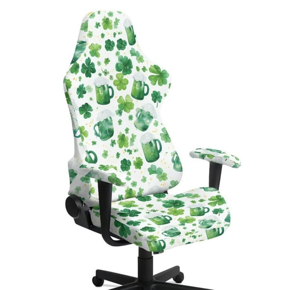 Jiueut Green Shamrock Beer Pattern Gaming Chair Cover Set of 4, Breathable Rotating Chair Slipcovers High Back Computer Chair Protector with Armrest Covers Saint Patrick's Day Decor