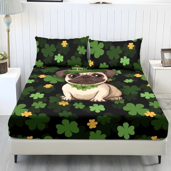 Jiueut Green Shamrock Bulldog Print Twin Size Fitted Sheet Set, 3 Pieces All Season Bedroom Sheet Set 2 PCS Washable Pillowcase Fitted Sheet with 10" Deep Pocket, St. Patrick's Day Decor