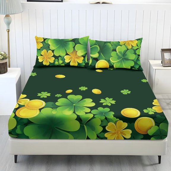 Jiueut Green Shamrock Coin Print 3 Pieces Twin XL Size Fitted Sheet Set, Lightweight Bedroom Sheet 2 PCS Washable Pillowcase Fitted Sheet with 10" Deep Pocket, Saint Patrick's Day Decor