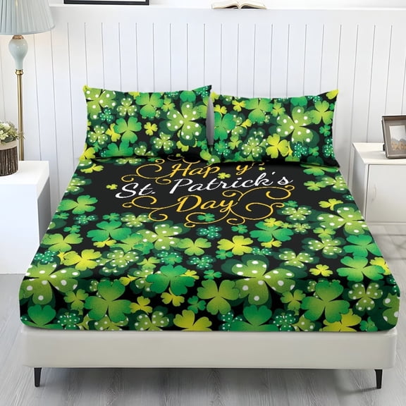 Jiueut Green Shamrock Pattern Fitted Sheet Set, Twin Size Soft Bedroom Sheet Set 2 Pack Wrinkle Resistant Pillow Cover Bedding Sheet with Stretch Band, St. Patrick's Day Decor