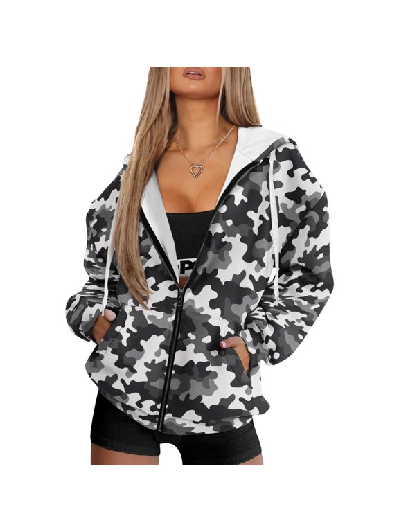 Grey Black Camo Oversized Zip Up Hoodie for Women Long Sleeve Hooded Sweatshirt Loose Casual Drop Shoulder Jacket with Pockets for Trekking, Pilates, 3XL