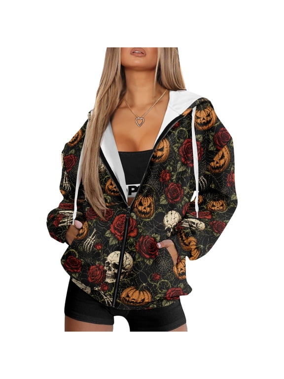 Halloween Skull Pumpkin Print Oversized Zip Up Hoodie for Women Long Sleeve Hooded Sweatshirt Casual Loose Fit Jacket with Pockets for Festival, Daily Wear, M