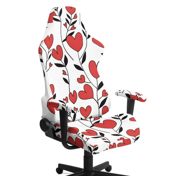 Jiueut Heart Print Gaming Chair Cover with Armrest Cover, Thick Computer Chair Protector with Stretchy Bottom Non Slip Rotating Chair Slipcover Valentine's Day Decor