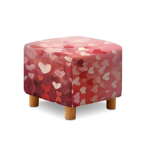 Jiueut Heart Print Ottoman Cover, Stretch Machine Washable Slipcover for Square Ottomans Anti-Slip Footstool Cover with Elastic Bottom Valentine's Day Decor