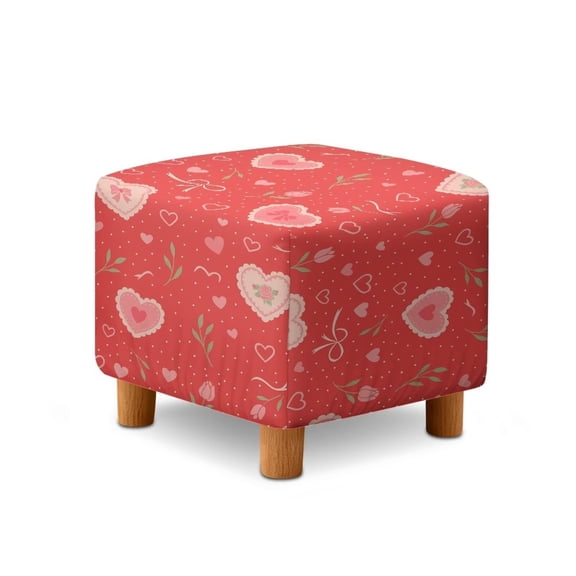 Jiueut Heart Rose Pattern Ottoman Slipcover, Stretchable Footstool Protector Comfortable Rectangular Furniture Protection for Footrest Sofa Valentine's Day Decor