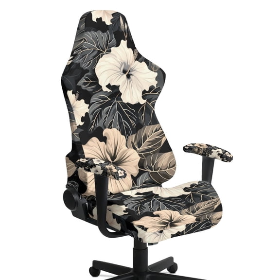 Jiueut Hibiscus Palm Leaf Pattern Gaming Chair Cover Set of 4, Breathable Rotating Chair Slipcover Covers with Elastic Bottom Thick Computer Reclining Chair Slipcover Protector with Armrest Cover