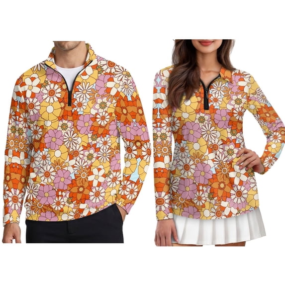 Jiueut Hippi Daisy Print Couple Matching Golf Outfits Long Sleeve Polo Shirts for Men and Women, UV Protection Sweatshirts Pullover Golf Clothes, Size L