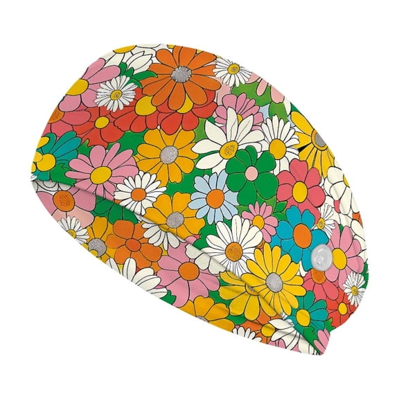 Jiueut Hippie Flower Nurse Button Headband Nursing Headbands with Buttons for Mask Elastic Sports Headbands Thick Non-Slip Hair Bands for Women Wide Headbands for Girls