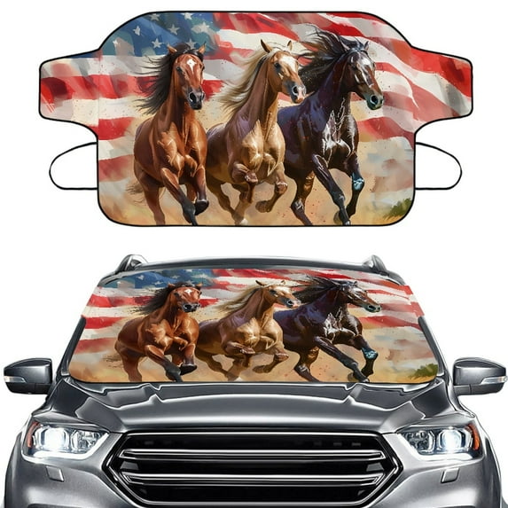 Jiueut Horse American Flag Print Car Windshield Snow Cover, Foldable Windshield Snow Cover All Weather Car Windshield Protector Blocking Snow Universal Fit for SUV Truck Van