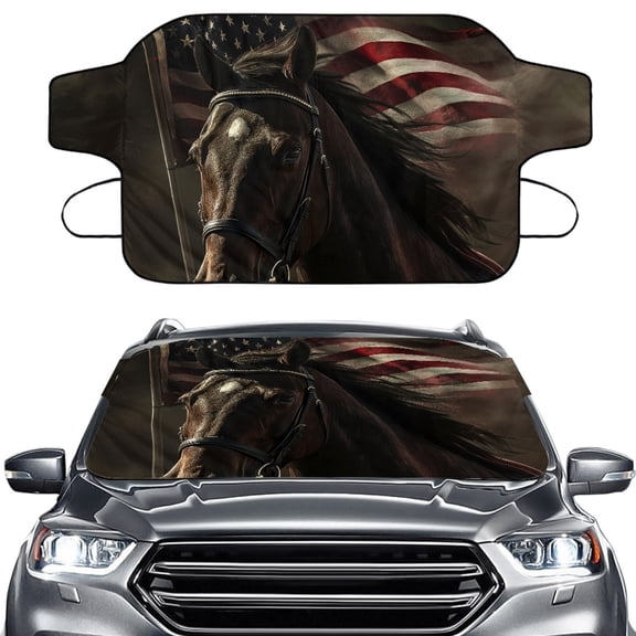 Jiueut Horse American Flag Print Car Windshield Snow Cover, All Weather Car Windshield Snow Cover Wear-Resistant Snow and Ice Protection with Elastic Straps Wrap for Outdoor Parking