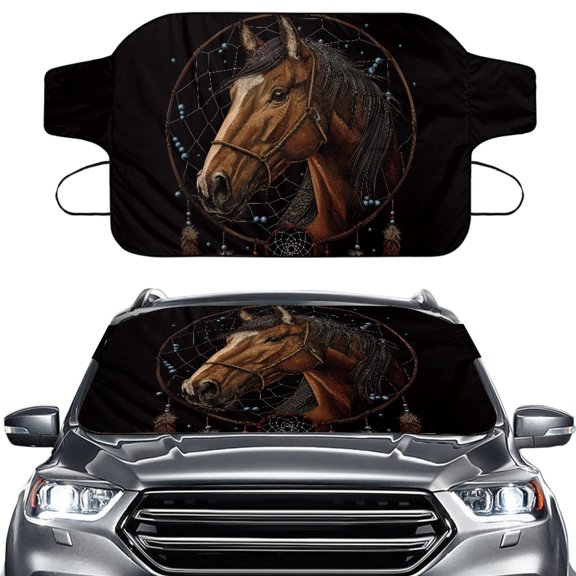 Jiueut Horse Dreamcatcher Pattern Car Windshield Snow Cover, Windproof Car Windshield Frost Cover Folding Windeshield Protection for All Season Universal Fit for Most Cars