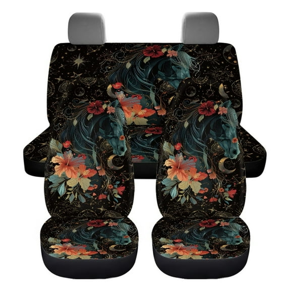 Jiueut Horse Hibiscus Moon Star Pattern Car Seat Cover Full Set, Universal Fit Vehicle Seat Cover Protector, Waterproof Automotive Front and Split Bench Seat Cover Fit for Most Cars