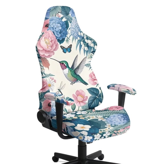 Jiueut Hummingbird Flower Hydrangea Daisy Butterfly Print Gaming Chair Cover with Armrest Cover, Thick Computer Chair Cover with Stretchy Bottom Non Slip Rotating Chair Slipcover