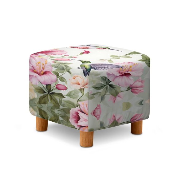 Jiueut Hummingbird Flower Print Ottoman Slipcover, Folding Foot Stool Sofa Slipcovers Waterproof Covers for Square Footrest Stool with Elastic Bottom