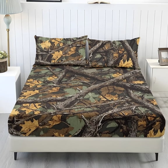 Jiueut Hunting Camo Pattern Fitted Sheet Set, Warm Soft Bedroom Sheet Set 2 Pack Washable Pillow Cover Bedding Sheet with Non Slip Band, Twin Size