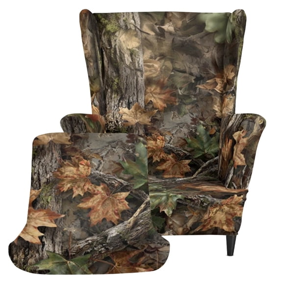 Jiueut Hunting Camo Print Wingback Chair Slipcover with Cushion Cover, 2 Piece Wing Chair Slipcover Stretch Armchair Cover Full Coverage Scratch-Resistant Wingback Sofa Protector
