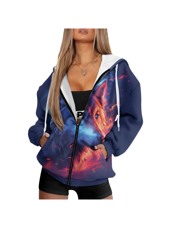 Ice Fire Wolf Print Zip Up Hoodie for Women Loose Fit Long Sleeve Hooded Jacket Drawstring Hood with Kangaroo Pocket Casual Outwear for Hiking, Daily Wear, 4XL