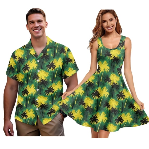 Jiueut Jamaica Flag Palm Tree Pattern Matchable Couple Hawaiian Men Button Down Aloha Shirt Womens Summer Dresses Sleeveless Tank Dress Casual Holiday Matching Outfit for Men Women, XS