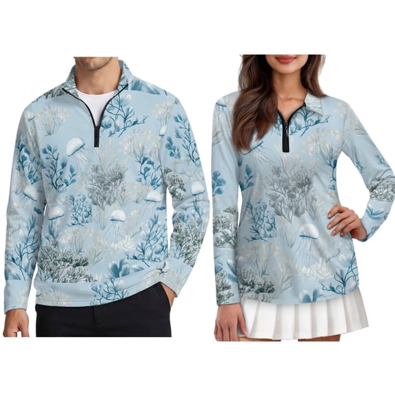 Jiueut Jellyfish Coral Print Men’s and Women’s Long Sleeve Golf Polo Shirts, Moisture-Wicking 4-Way Stretch Athletic Tops for Running Travel Outdoor Sports, Size L