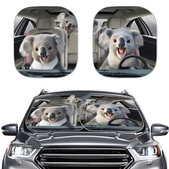 Jiueut Koala Driving Print Windshield Sun Shade 2-Piece Foldable Blocks Sun Heat and UV Rays Car Sunshade Protect Your Vehicle Interior for Universal Cars SUV Truck RV