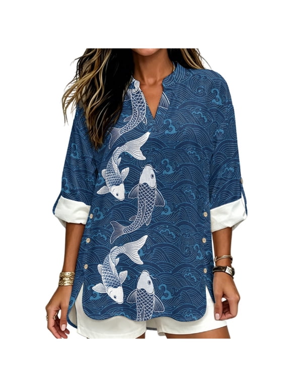 Koi Fish Wave Long Sleeve Shirts Casual Cotton Linen Long Sleeve Loose Tunic Relaxed Fit with Breathable for Beach Autumn, Size Medium