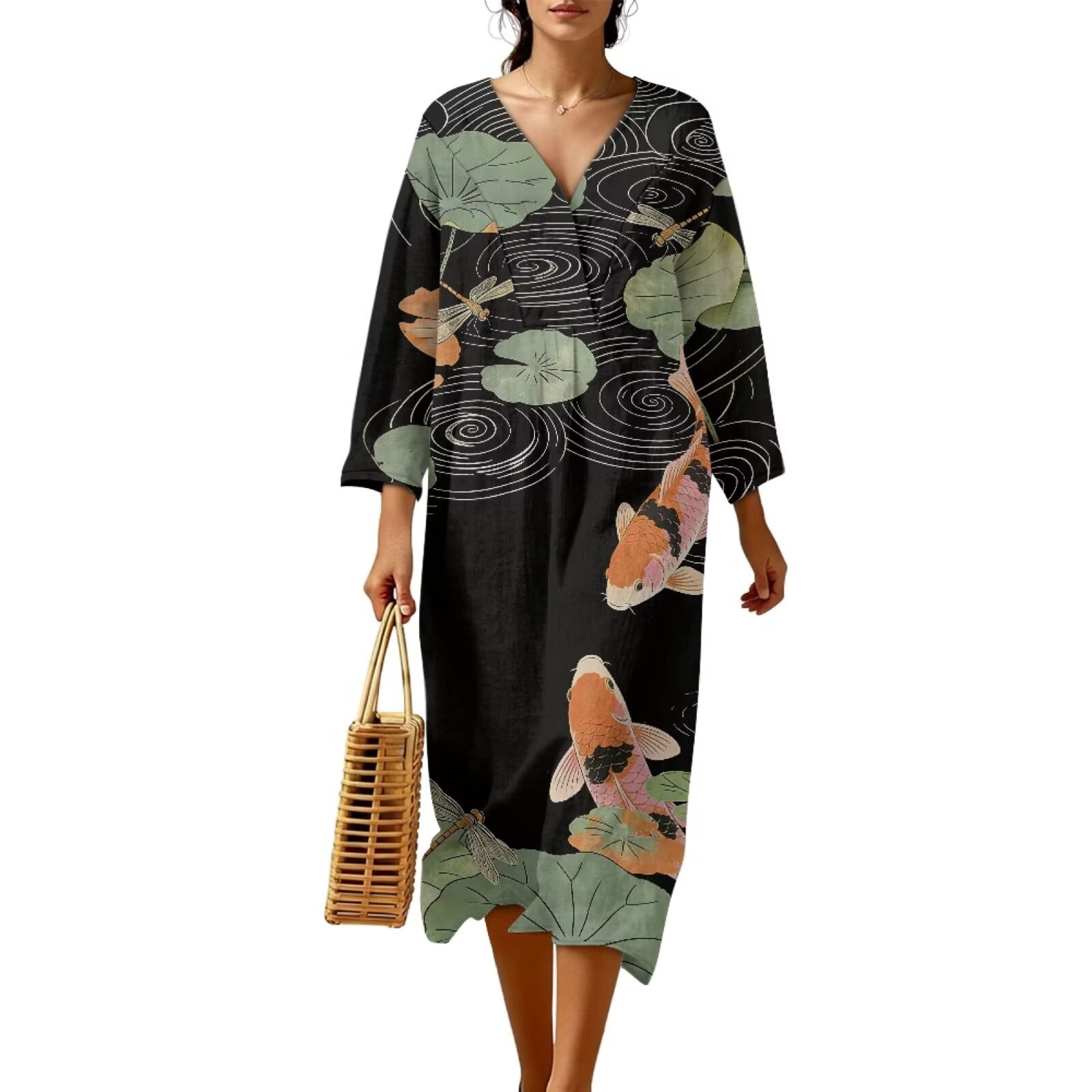 Jiueut Koi Lotus Leaf Print Linen-Look Dresses for Women 2026 V Neck ...