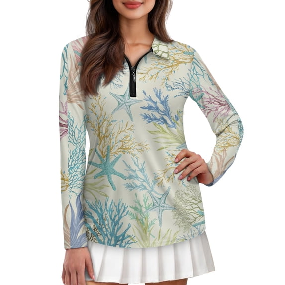 Jiueut Ladies Shirt Golf Apparel stretchy Loose Fit Zip Up Tee Tops Plus Size Athletic Tops V Neck, Colorful Sea Star Coral, Size X-Large