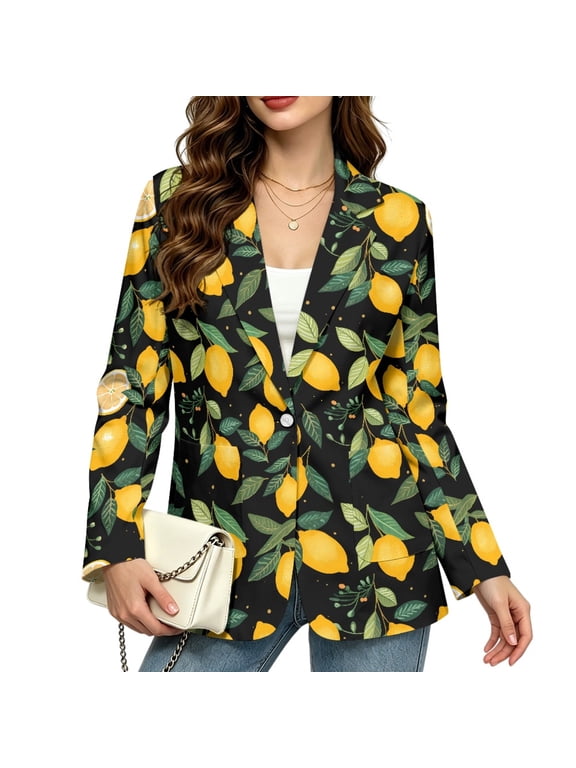 Lemon Print Blazer Outerwear, Slim Fit One Button Closure Suit Jacket Fashion Blazer Coat for Back to School Office Work, Size XX-Large