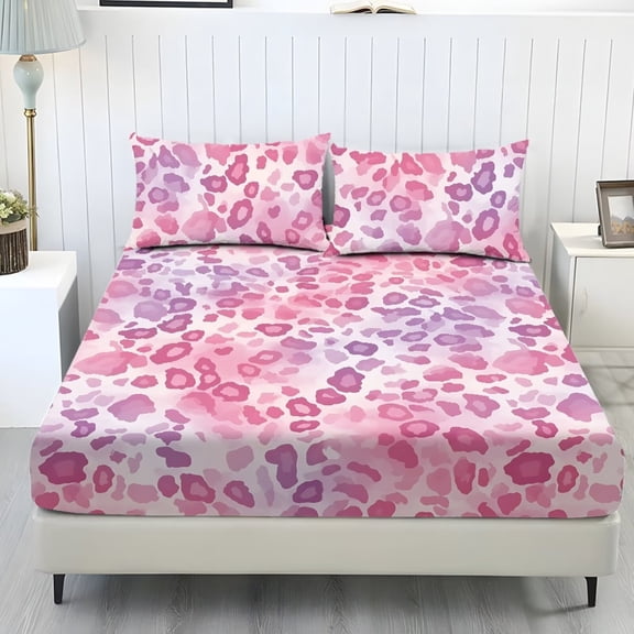 Jiueut Leopard Print 3 PCS Bed Sheet Set, Comfortable Bedding Set with Fitted Sheet and 2 Pack Breathable Pillowcase Washable Bedroom Sheet Set, Twin Size