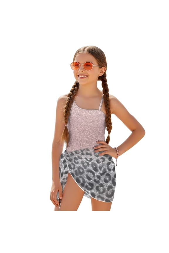 Leopard Print Girls Swimsuit One-Piece Adjustable Straps Bathing Suit with Mesh Cover Ups Cut Out Swimwear Size 7-18 Years