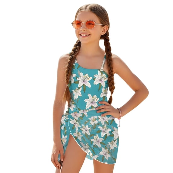 Jiueut Lily Print Girls One Piece Swimsuit with Mesh Cover Up Skirt 2Pcs Set Trendy Bathing Suit Kids Teens Swimwear Adjustable Strap