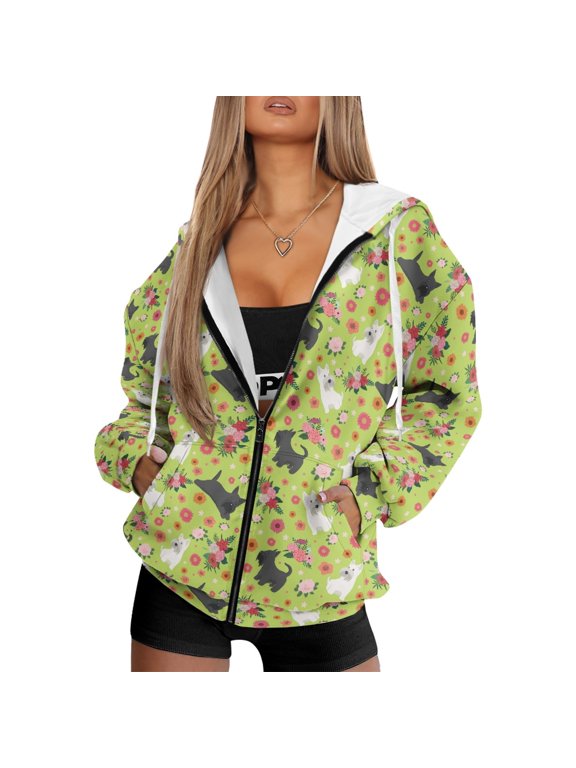 Lime Green Dog Floral Oversized Zip Up Hoodie for Women Long Sleeve Loose Fit Casual Hooded Sweatshirt with Pockets Soft Cozy Outwear for Gym Hiking Daily Wear, 4XL