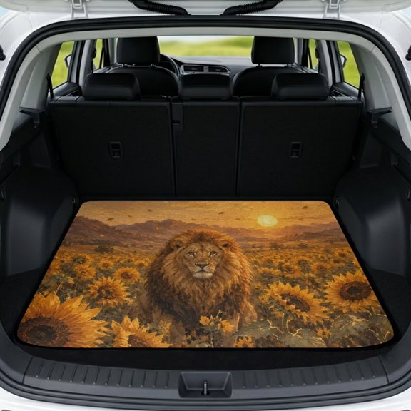 Jiueut Lion Sunflower Sunset Mountain Print Universal Car Trunk Mat 29" x 39", Anti-Slip Easy to Clean Trunk Protective Mat, Sporty Vehicle Interior Accessories Suitable for Most Car Models