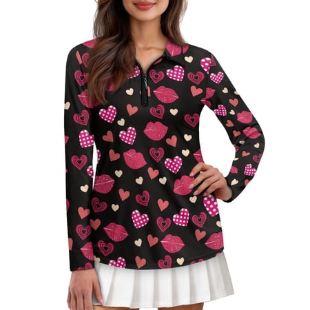 Jiueut Lip Pattern Design, Plus Size Golf Wear for Ladies, Zip Up Basic Golf Polo Soft Fabric for Gym Pilates, Size Small