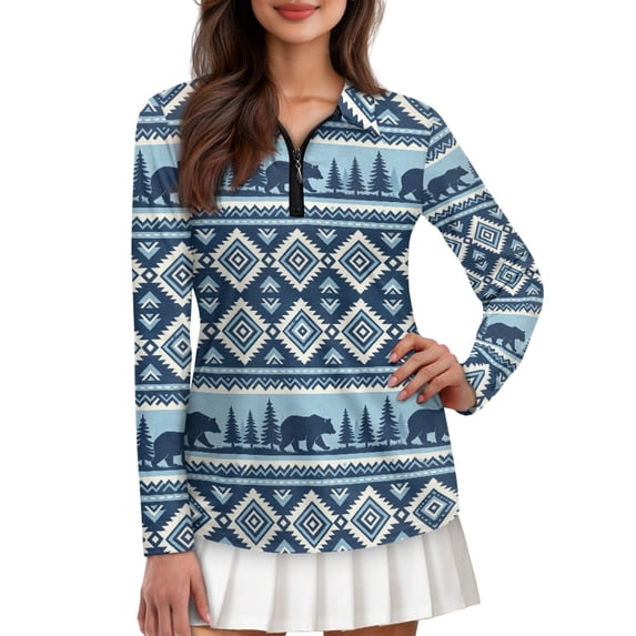 Jiueut Long Sleeves Golf Polo for Woman Slim Fit T Shirts Geometric Bear Pattern Outdoor Athletic Tops with Zip Up Fall Elegant Workout Tops V Neck, Size Small