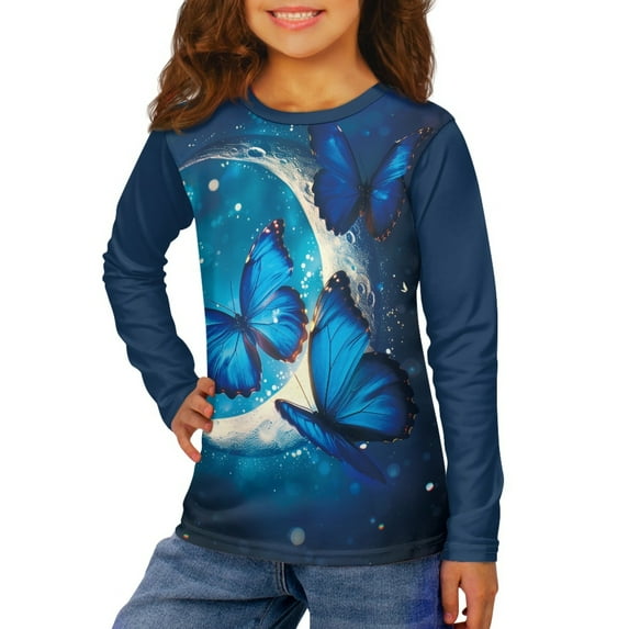 Jiueut Moon Butterfly Long Sleeve T-Shirts for Teen Girls Pullover Sweater for Kids 5-6 Crewneck Sportswear Sweatshirt Long Sleeve Shirts Autumn Clothing Jumper Tops