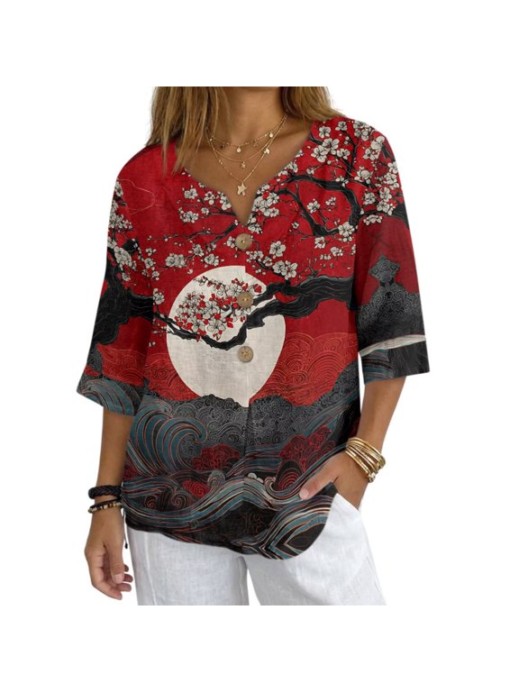 Moon Pulm Blossom Wave Print Womens Shirts Linen-Like 3/4 Sleeve Shirts Casual Tops Button Down V Neck Blouses