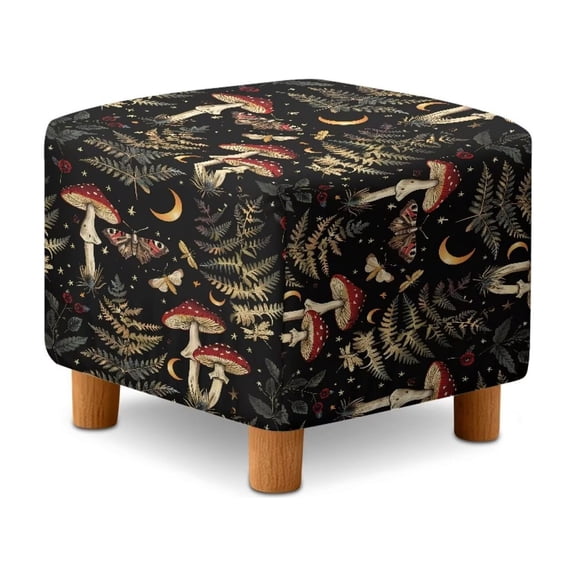 Jiueut Mushroom Butterfly Moon Print Footstool Cover, Stretchable Ottoman Sofa Cover Non Slip Comfortable Square Furniture Protection for Footrest Sofa