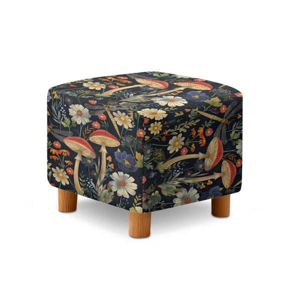 Jiueut Mushroom Daisy Dragonfly Print Ottoman Slipcover, Folding Square Footstool Cushion with Non Slip Bottom Thick Furniture Protection Universal Fit for Most Footrest Sofa