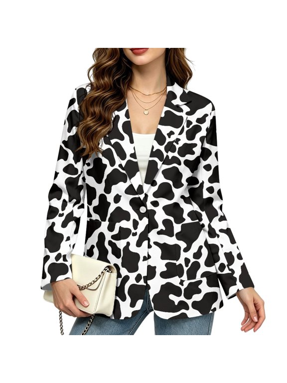 Open Front Womens Blazer Jacket for Dinner Office, Cow Print Polyester Fabric with Pockets Lady Blazer Notched Lapel Womens Suit Jacket, Size Medium
