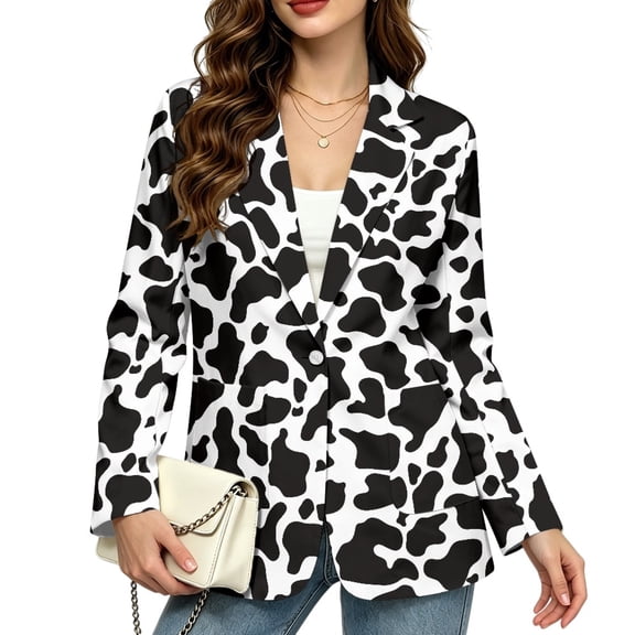 Jiueut Open Front Womens Blazer Jacket for Dinner Office, Cow Print Polyester Fabric with Pockets Lady Blazer Notched Lapel Womens Suit Jacket, Size Small