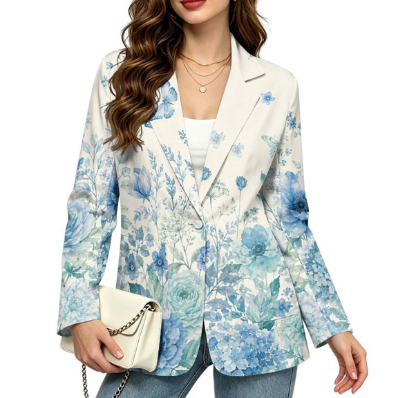 Jiueut Open Front Womens Blazer Jacket for Work Office, Blue Floral Butterfly Suit Fabric with Pockets Lady Blazer Notched Lapel Womens Suit Jacket, Size Small